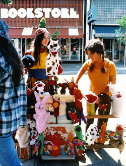 Judy Folkmanis selling puppets on Telegraph Avenue in Berkeley, CA.